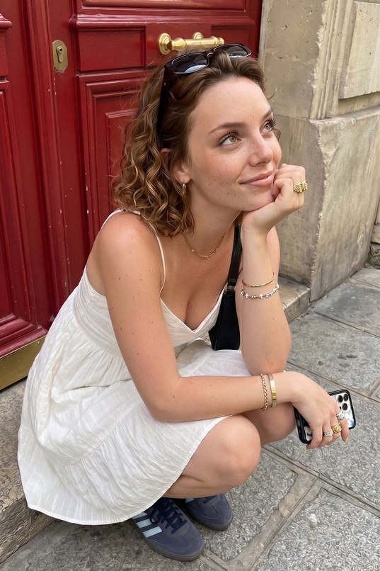brunette,curly hair,medium tits,white skin,slim body,slip dress,sneakers,crouching pose,teasing,outdoor,city girl,playful smirk,phone in hand,sunglasses on head,cleavage
