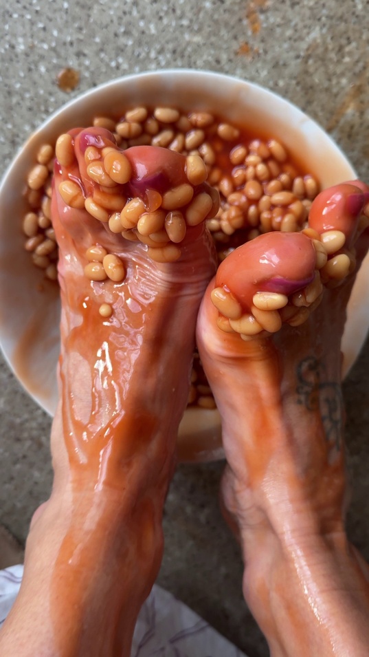 bare feet,soles,toes,foot fetish,white skin,slim body,tattoo,feet in food,baked beans,sticky sauce,messy feet,food fetish,stepping