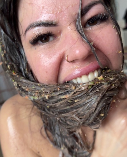 Hair soaked in nasty slop, still smiling like a slut 😈