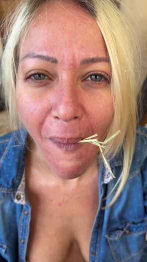 3. Download full pics of Topless in hay, chewing like farm slut from selfiefetish.com