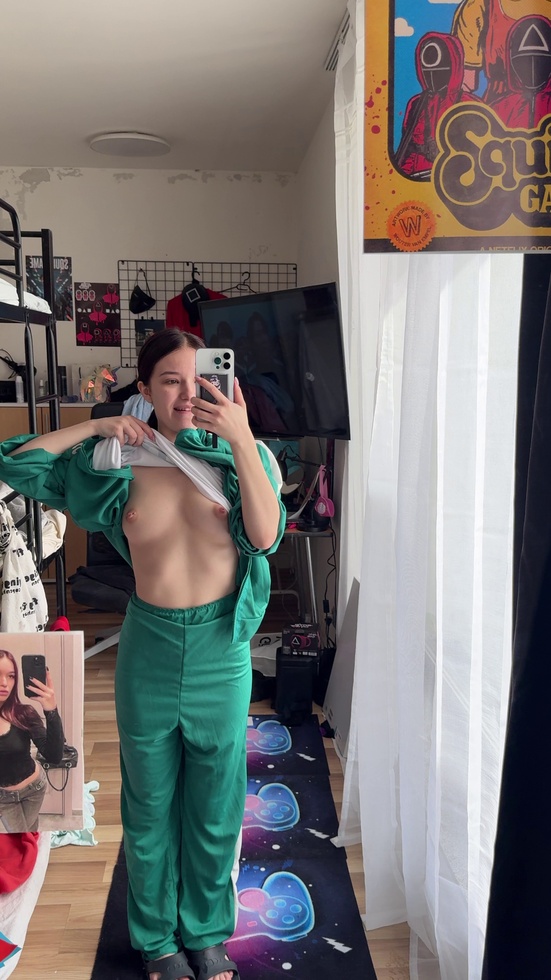 Green suit on, mirror up, tits cheated first