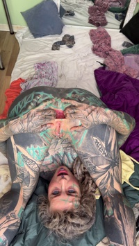 Selfie Fetish: Upside down, hands on my tattooed tits, cute lie